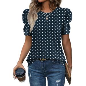 image:imageWIHOLL Summer Tops for Women Puff Sleeve Crewneck T Shirts Dressy Casual Blouses Spring Outfits Fashion ClothesNavy Blue Polka Dots