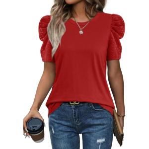 image:imageWIHOLL Summer Tops for Women Puff Sleeve Crewneck T Shirts Dressy Casual Blouses Spring Outfits Fashion ClothesRed