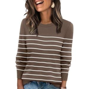 image:imageWIHOLL Sweaters for Women Lightweight Pullover Tops Long Sleeve Shirts Crewneck Fashion Clothing Fall Outfits 2026Schocolate Brownwhite Striped