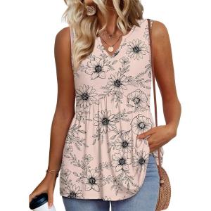 image:imageWIHOLL Tank Tops for Women Summer Babydoll Peplum Tops V Neck Sleeveless Shirts Dressy Casual Blouses Beach Vacation ClothesFloral Beige