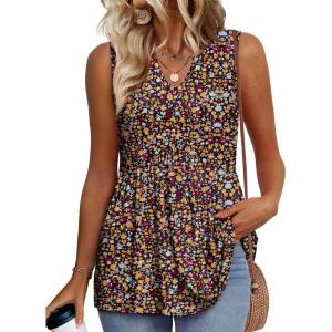 image:imageWIHOLL Tank Tops for Women Summer Babydoll Peplum Tops V Neck Sleeveless Shirts Dressy Casual Blouses Beach Vacation ClothesFloral Black