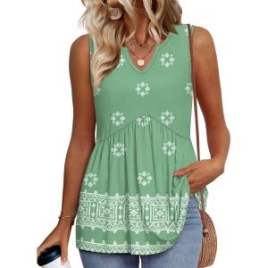 image:imageWIHOLL Tank Tops for Women Summer Babydoll Peplum Tops V Neck Sleeveless Shirts Dressy Casual Blouses Beach Vacation ClothesGreen Boho