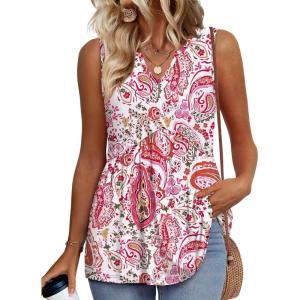 image:imageWIHOLL Tank Tops for Women Summer Babydoll Peplum Tops V Neck Sleeveless Shirts Dressy Casual Blouses Beach Vacation ClothesPink Paisley
