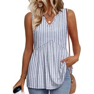 image:imageWIHOLL Tank Tops for Women Summer Babydoll Peplum Tops V Neck Sleeveless Shirts Dressy Casual Blouses Beach Vacation ClothesStriped Blue
