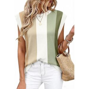 image:imageWIHOLL Tank Tops for Women Summer Lightweight Sweater Fashion Clothing Crew Neck T Shirts Cap Sleeve Business Casual Outfit0green Stripes