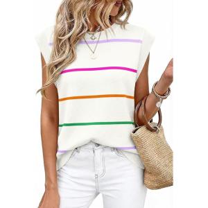 image:imageWIHOLL Tank Tops for Women Summer Lightweight Sweater Fashion Clothing Crew Neck T Shirts Cap Sleeve Business Casual Outfit1white Rainbow