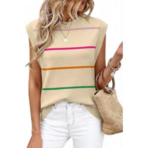 image:imageWIHOLL Tank Tops for Women Summer Lightweight Sweater Fashion Clothing Crew Neck T Shirts Cap Sleeve Business Casual OutfitApricot Rainbow
