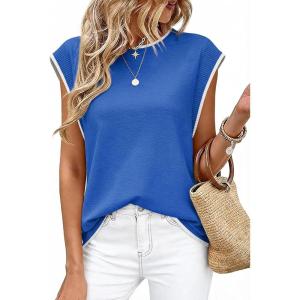 image:imageWIHOLL Tank Tops for Women Summer Lightweight Sweater Fashion Clothing Crew Neck T Shirts Cap Sleeve Business Casual OutfitBlue