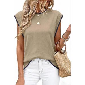 image:imageWIHOLL Tank Tops for Women Summer Lightweight Sweater Fashion Clothing Crew Neck T Shirts Cap Sleeve Business Casual OutfitBrown