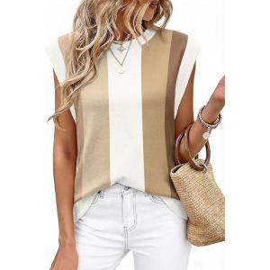 image:imageWIHOLL Tank Tops for Women Summer Lightweight Sweater Fashion Clothing Crew Neck T Shirts Cap Sleeve Business Casual OutfitBrown Stripes