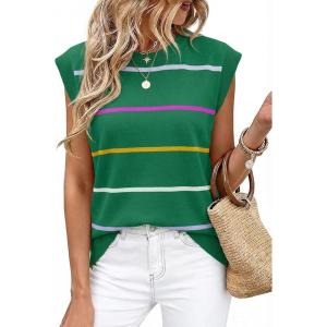 image:imageWIHOLL Tank Tops for Women Summer Lightweight Sweater Fashion Clothing Crew Neck T Shirts Cap Sleeve Business Casual OutfitGreen Rainbow