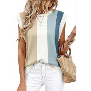 image:imageWIHOLL Tank Tops for Women Summer Lightweight Sweater Fashion Clothing Crew Neck T Shirts Cap Sleeve Business Casual OutfitNavy Stripes