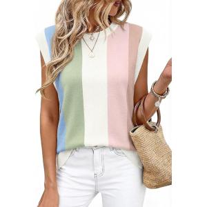 image:imageWIHOLL Tank Tops for Women Summer Lightweight Sweater Fashion Clothing Crew Neck T Shirts Cap Sleeve Business Casual OutfitPink Stripes