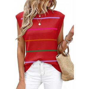 image:imageWIHOLL Tank Tops for Women Summer Lightweight Sweater Fashion Clothing Crew Neck T Shirts Cap Sleeve Business Casual OutfitRed Rainbow