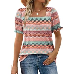 image:imageWIHOLL Tops for Women Summer Casual Ruffle Trim Sleeve Square Neck T ShirtsBoho Wavy