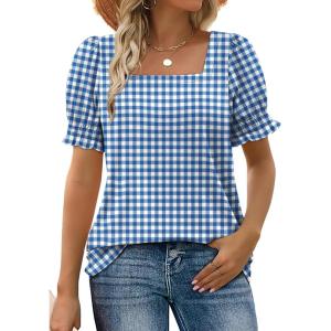 image:imageWIHOLL Tops for Women Summer Casual Ruffle Trim Sleeve Square Neck T ShirtsPlaid Blue