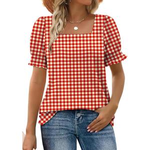 image:imageWIHOLL Tops for Women Summer Casual Ruffle Trim Sleeve Square Neck T ShirtsPlaid Red