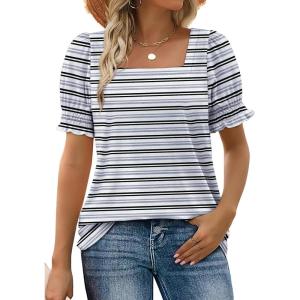 image:imageWIHOLL Tops for Women Summer Casual Ruffle Trim Sleeve Square Neck T ShirtsStripes Black