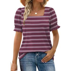 image:imageWIHOLL Tops for Women Summer Casual Ruffle Trim Sleeve Square Neck T ShirtsStripes Winered