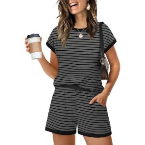 image:imageWIHOLL Two Piece Sets for Women Summer Lounge Short Sets Cap Sleeve Crew Neck Sweatsuit with Pocket XS2XL07black Grey Stripe