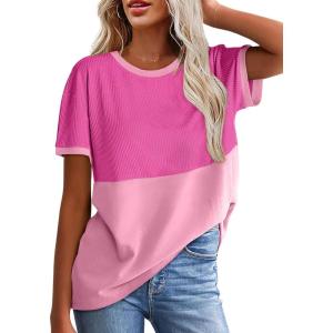 image:imageWIHOLL Womens Casual Crew Neck Ribbed Tops Short Sleeve T Shirts Summer Loose Blouses02abladhot Pink