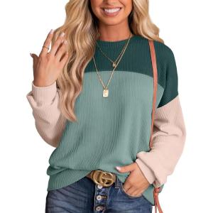 image:imageWIHOLL Womens Fall Fashion 2025 Long Sleeve Shirts Color Block Knitted Ribbed Tunic Tops Casual Loose Fit TrendyArmy Green