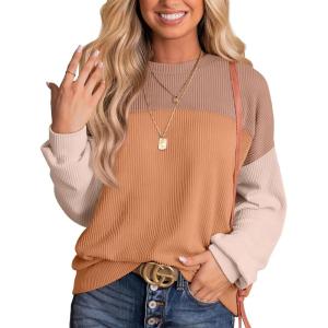 image:imageWIHOLL Womens Fall Fashion 2025 Long Sleeve Shirts Color Block Knitted Ribbed Tunic Tops Casual Loose Fit TrendyBaby Khaki
