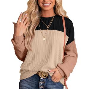 image:imageWIHOLL Womens Fall Fashion 2025 Long Sleeve Shirts Color Block Knitted Ribbed Tunic Tops Casual Loose Fit TrendyBlack