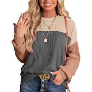 image:imageWIHOLL Womens Fall Fashion 2025 Long Sleeve Shirts Color Block Knitted Ribbed Tunic Tops Casual Loose Fit TrendyGray