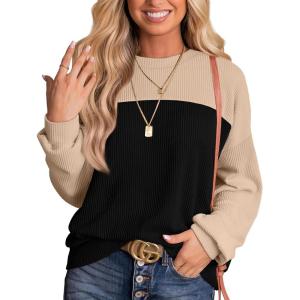 image:imageWIHOLL Womens Fall Fashion 2025 Long Sleeve Shirts Color Block Knitted Ribbed Tunic Tops Casual Loose Fit TrendyKhaki Black