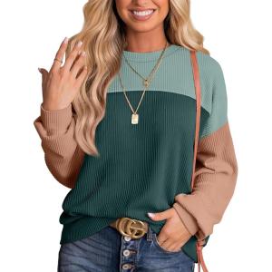 image:imageWIHOLL Womens Fall Fashion 2025 Long Sleeve Shirts Color Block Knitted Ribbed Tunic Tops Casual Loose Fit TrendyUmber Green