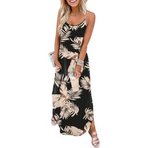 image:imageWIHOLL Womens Maxi Dresses for Women Casual Long Summer Sun Dresses 2026 Spaghetti Strap Hawaiian Vacation Outfits for WomenFloral Black Leaves