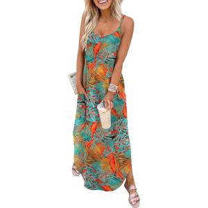 image:imageWIHOLL Womens Maxi Dresses for Women Casual Long Summer Sun Dresses 2026 Spaghetti Strap Hawaiian Vacation Outfits for WomenFloral Coconut Leaves