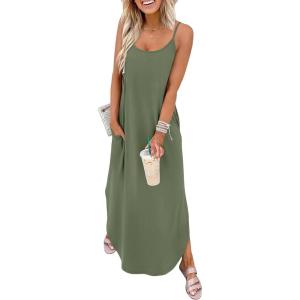 image:imageWIHOLL Womens Maxi Dresses for Women Casual Long Summer Sun Dresses 2026 Spaghetti Strap Hawaiian Vacation Outfits for WomenPlain Army Green