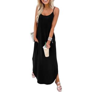 image:imageWIHOLL Womens Maxi Dresses for Women Casual Long Summer Sun Dresses 2026 Spaghetti Strap Hawaiian Vacation Outfits for WomenPlain Black