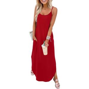 image:imageWIHOLL Womens Maxi Dresses for Women Casual Long Summer Sun Dresses 2026 Spaghetti Strap Hawaiian Vacation Outfits for WomenPlain Red