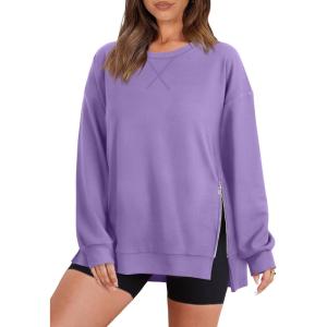 image:imageWIHOLL Womens Oversized Lightweight Sweatshirt with Side Slit Zipper Soft Crew Neck Pullover Long Sleeve Tops 2024 FashionL  Purple