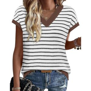 image:imageWIHOLL Womens Short Sleeve Sweater V Neck Cute Tops Trendy Spring Summer Striped Pullover Crochet Sweater Vest1white Black Coffee