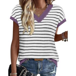 image:imageWIHOLL Womens Short Sleeve Sweater V Neck Cute Tops Trendy Spring Summer Striped Pullover Crochet Sweater Vest1white Black Purple