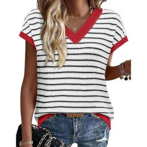 image:imageWIHOLL Womens Short Sleeve Sweater V Neck Cute Tops Trendy Spring Summer Striped Pullover Crochet Sweater Vest1white Black Red