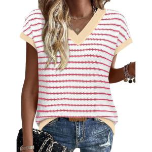 image:imageWIHOLL Womens Short Sleeve Sweater V Neck Cute Tops Trendy Spring Summer Striped Pullover Crochet Sweater Vest1white Pink Beige