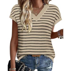 image:imageWIHOLL Womens Short Sleeve Sweater V Neck Cute Tops Trendy Spring Summer Striped Pullover Crochet Sweater VestBeige Black