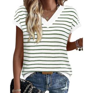 image:imageWIHOLL Womens Short Sleeve Sweater V Neck Cute Tops Trendy Spring Summer Striped Pullover Crochet Sweater VestGreen White
