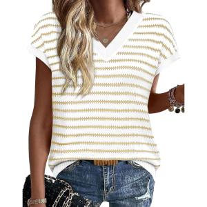 image:imageWIHOLL Womens Short Sleeve Sweater V Neck Cute Tops Trendy Spring Summer Striped Pullover Crochet Sweater VestKhaki White