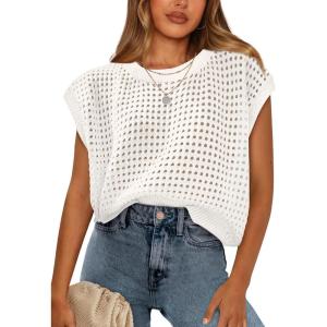 image:imageWIHOLL Womens Summer Cap Sleeve Crochet Tops Hollow Out Spring Sweaters Vacation Cruise Outfits 2026 Fashion ClothingAwhite