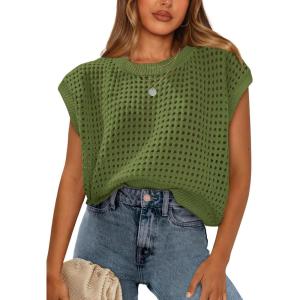 image:imageWIHOLL Womens Summer Cap Sleeve Crochet Tops Hollow Out Spring Sweaters Vacation Cruise Outfits 2026 Fashion ClothingCarmy Green
