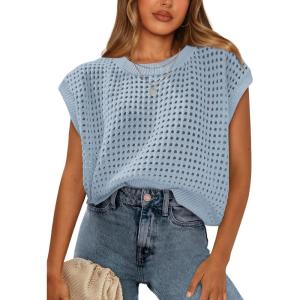 image:imageWIHOLL Womens Summer Cap Sleeve Crochet Tops Hollow Out Spring Sweaters Vacation Cruise Outfits 2026 Fashion ClothingEblue