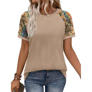 image:imageWIHOLL Womens Summer Tops Color Block Short Sleeve Raglan Shirts Spring Fashion Clothes Vacation OutfitsBoho Brown