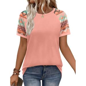 image:imageWIHOLL Womens Summer Tops Color Block Short Sleeve Raglan Shirts Spring Fashion Clothes Vacation OutfitsCoral