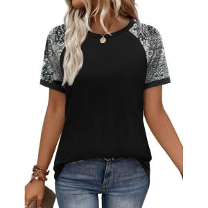 image:imageWIHOLL Womens Summer Tops Color Block Short Sleeve Raglan Shirts Spring Fashion Clothes Vacation OutfitsGraphic Black